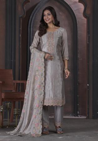 Picture of Pleasing Chiffon Dark Grey Straight Cut Salwar Kameez