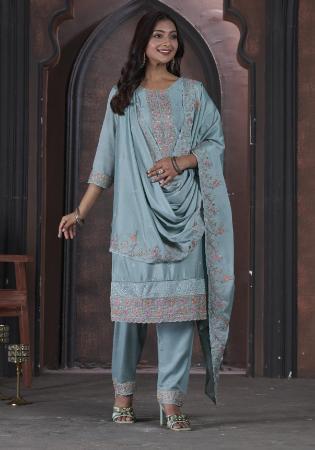 Picture of Chiffon Cadet Blue Straight Cut Salwar Kameez