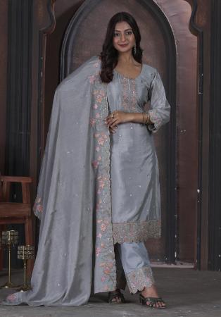 Picture of Chiffon Slate Grey Straight Cut Salwar Kameez