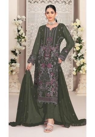 Picture of Georgette Dark Olive Green Straight Cut Salwar Kameez