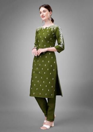 Picture of Cotton Dark Olive Green Readymade Salwar Kameez