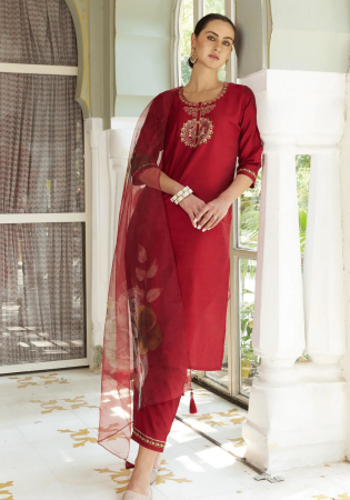 Picture of Cotton & Silk Maroon Readymade Salwar Kameez