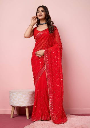 Picture of Wonderful Georgette & Silk & Organza Crimson Saree