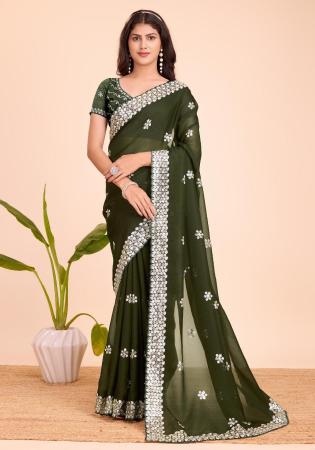 Picture of Resplendent Silk Dark Olive Green Saree