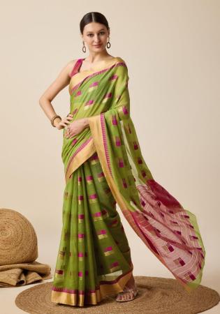 Picture of Nice Cotton Dark Olive Green Saree