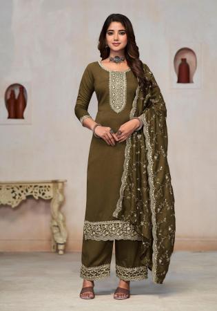 Picture of Chiffon Dark Olive Green Straight Cut Salwar Kameez