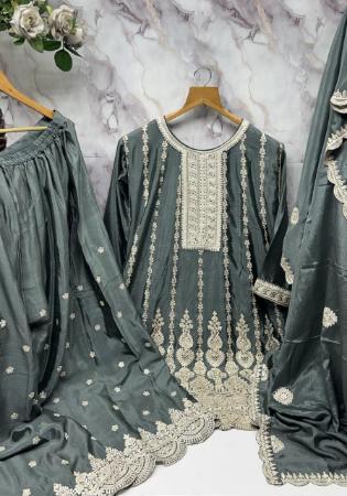 Picture of Chiffon Dark Slate Grey Straight Cut Salwar Kameez