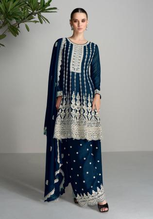 Picture of Excellent Chiffon Navy Blue Straight Cut Salwar Kameez