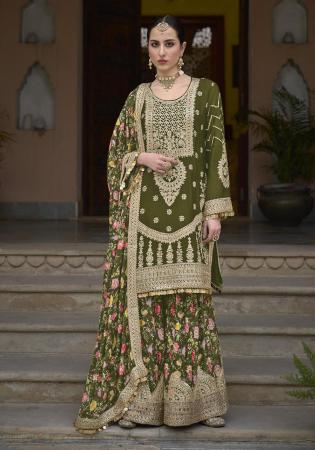 Picture of Chiffon Dark Olive Green Straight Cut Salwar Kameez