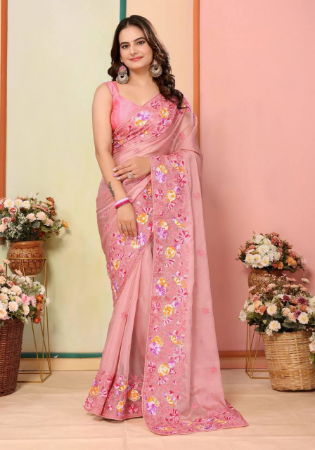 Picture of Shapely Silk & Organza Dark Salmon Saree