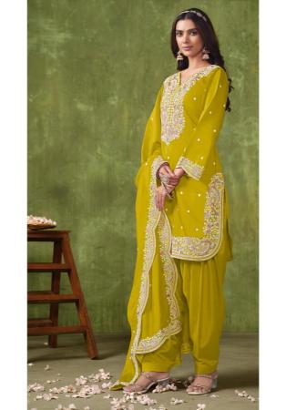 Picture of Silk Dark Golden Rod Straight Cut Salwar Kameez