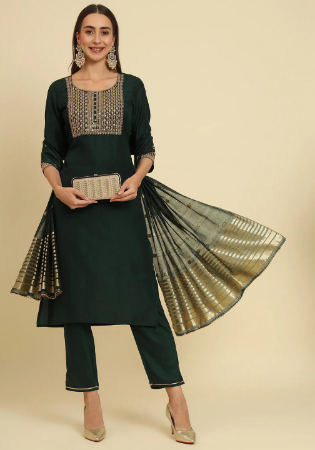 Picture of Silk Dark Olive Green Readymade Salwar Kameez