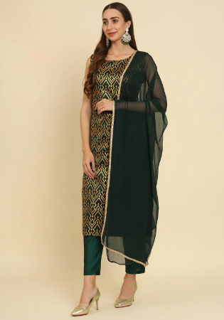 Picture of Silk Dark Olive Green Readymade Salwar Kameez