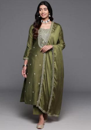 Picture of Chiffon Dark Olive Green Readymade Salwar Kameez