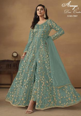 Picture of Delightful Net Cadet Blue Anarkali Salwar Kameez