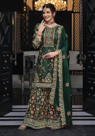 Picture of Elegant Silk Dark Green Straight Cut Salwar Kameez