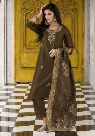 Picture of Silk & Organza Dark Olive Green Readymade Salwar Kameez