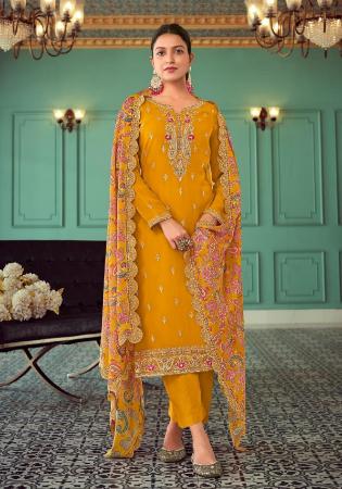 Picture of Georgette Dark Golden Rod Straight Cut Salwar Kameez