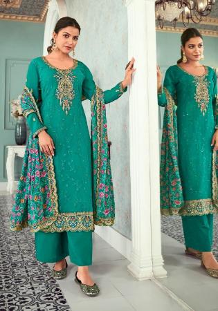 Picture of Charming Georgette Teal Straight Cut Salwar Kameez