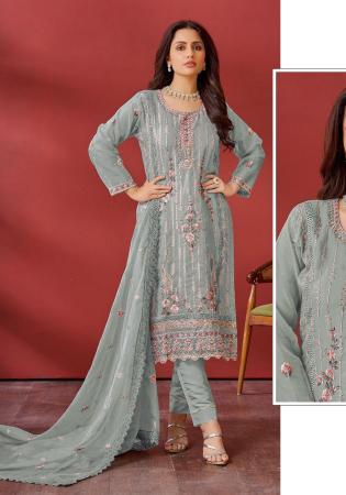 Picture of Georgette & Organza Dark Sea Green Straight Cut Salwar Kameez