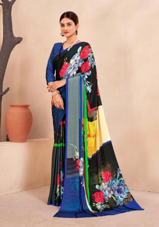 Picture of Fine Crepe & Silk Dark Slate Blue Saree