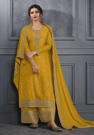 Picture of Silk Dark Golden Rod Straight Cut Salwar Kameez