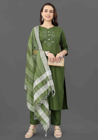 Picture of Cotton Dark Olive Green Readymade Salwar Kameez