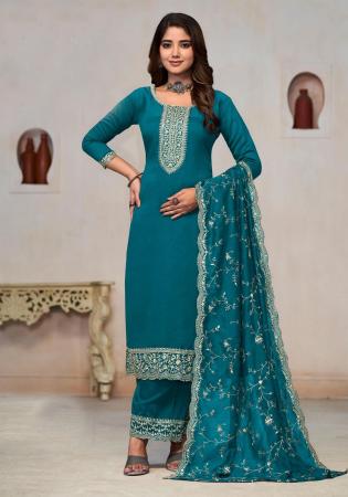 Picture of Comely Chiffon Teal Straight Cut Salwar Kameez