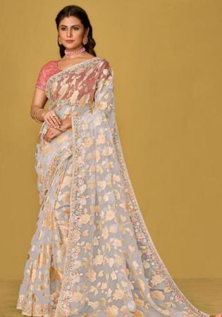 Picture of Well Formed Chiffon & Brasso Silver Saree