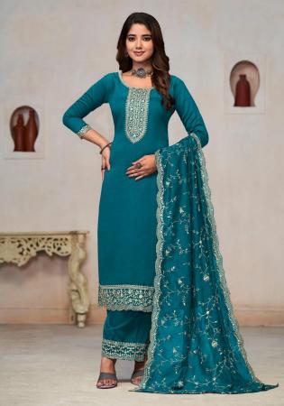 Picture of Nice Silk Teal Straight Cut Salwar Kameez