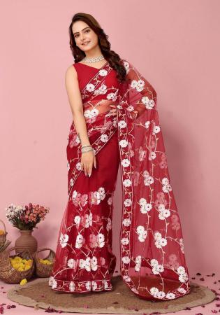 Picture of Amazing Net Fire Brick Saree