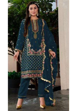 Picture of Organza Dark Slate Grey Straight Cut Salwar Kameez