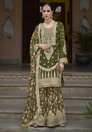 Picture of Chiffon Dark Olive Green Straight Cut Salwar Kameez