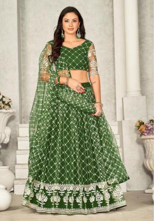 Picture of Wonderful Net Dark Olive Green Lehenga Choli