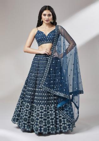 Picture of Stunning Chiffon & Net Navy Blue Lehenga Choli