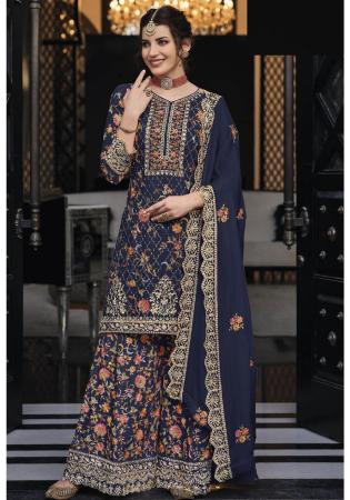 Picture of Enticing Silk Navy Blue Straight Cut Salwar Kameez