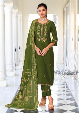 Picture of Silk & Organza Dark Olive Green Readymade Salwar Kameez