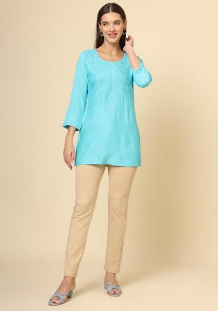 Picture of Enticing Rayon Sky Blue Kurtis & Tunic