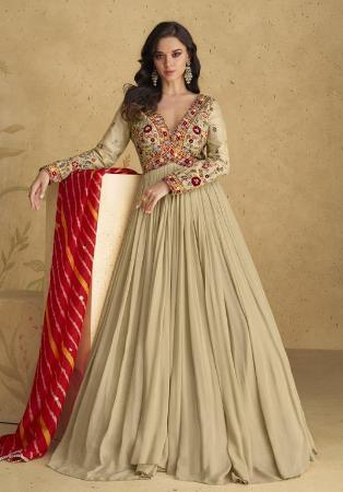 Picture of Georgette & Silk Dark Olive Green Anarkali Salwar Kameez