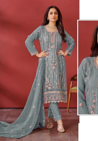 Picture of Georgette & Organza Slate Grey Straight Cut Salwar Kameez