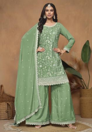 Picture of Chiffon Dark Sea Green Straight Cut Salwar Kameez