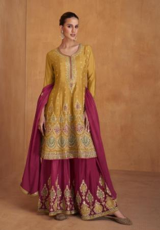 Picture of Silk Dark Golden Rod Straight Cut Salwar Kameez