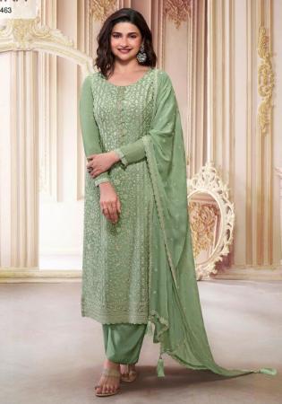 Picture of Chiffon & Silk Dark Sea Green Straight Cut Salwar Kameez