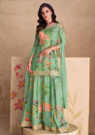 Picture of Chiffon Dark Sea Green Straight Cut Salwar Kameez