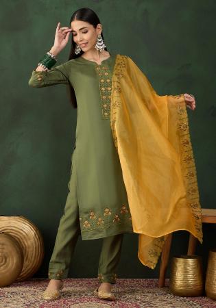 Picture of Organza Dark Olive Green Readymade Salwar Kameez