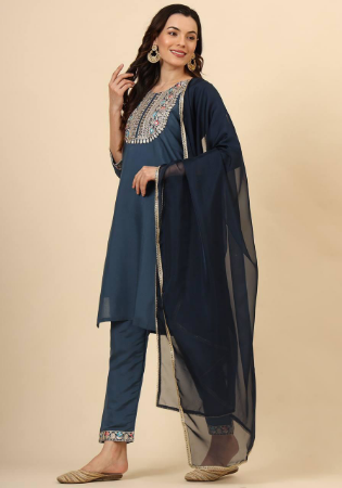 Picture of Appealing Silk Navy Blue Readymade Salwar Kameez