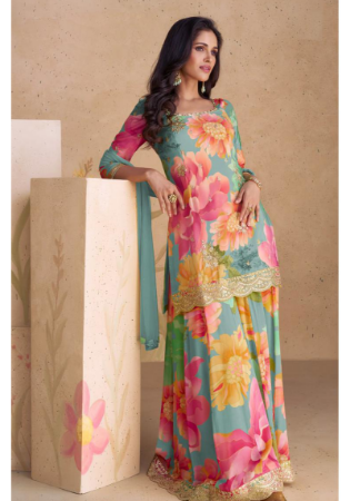 Picture of Chiffon Light Salmon Straight Cut Salwar Kameez