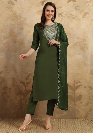 Picture of Chiffon Dark Olive Green Readymade Salwar Kameez