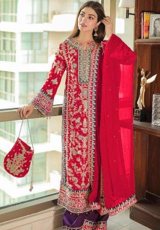 Picture of Chiffon & Silk Crimson Straight Cut Salwar Kameez