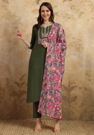 Picture of Chiffon Dark Olive Green Readymade Salwar Kameez